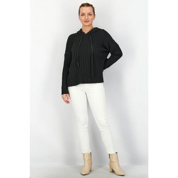 AQUA Knit Hooded Sweatshirt Ribbed Stretchy Heather Grey Medium Cozy Warm Lounge - Picture 8 of 8